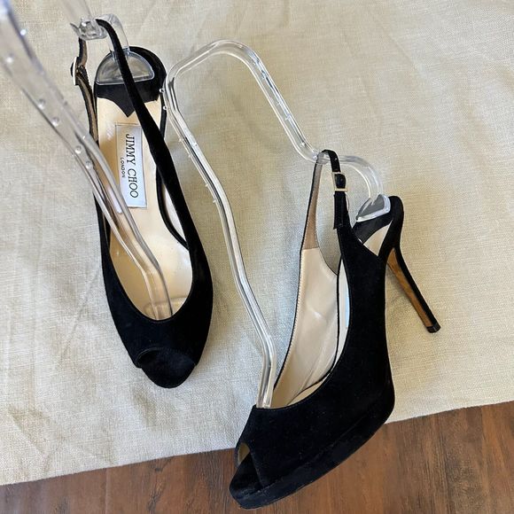 JIMMY CHOO LONDON Black Suede Nova Slingback Sandals Peep Toe - Picture 3 of 11